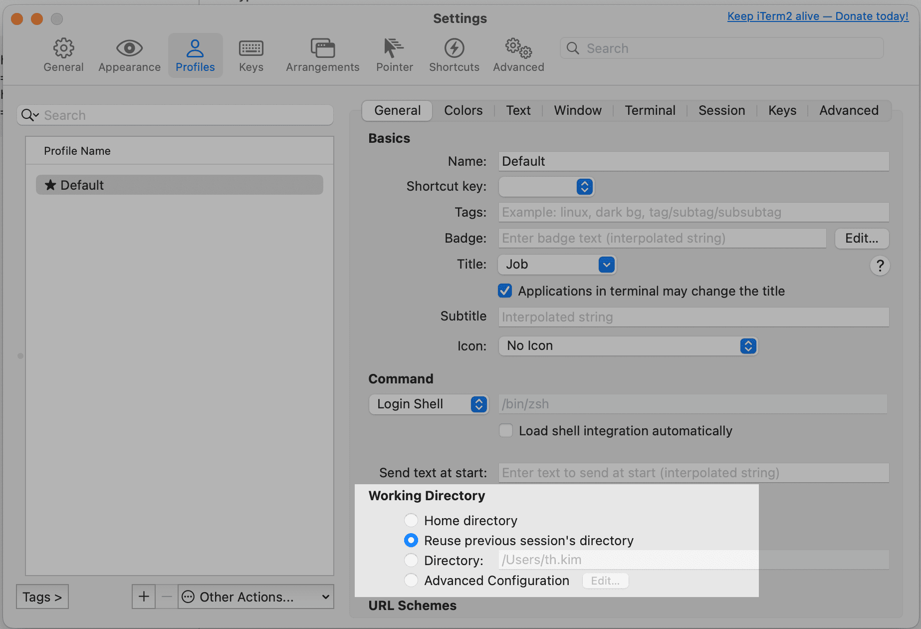 iTerm 설정 - Working Directory